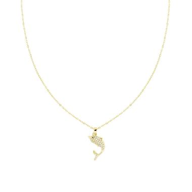 Collana Catena Forzatina Diamantata con Delfino e Crystal Bianchi in ACCIAIO colore Oro