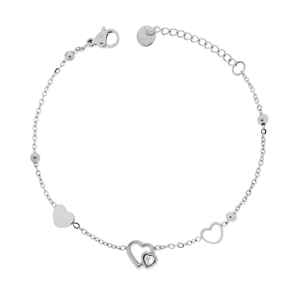 Bracciale Catena Forzatina Diamantata con Cuori e Crystal Bianco in ACCIAIO