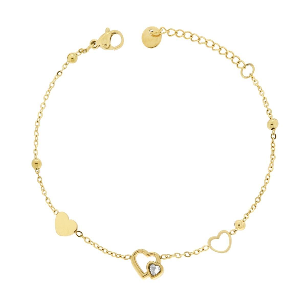 Bracciale Catena Forzatina Diamantata con Cuori e Crystal Bianco in ACCIAIO colore Oro<BR>
