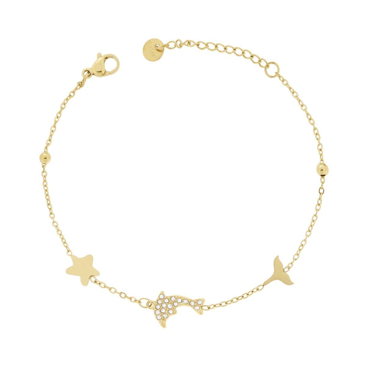 Bracciale Catena Forzatina Diamantata con Delfino e Crystal Bianco in ACCIAIO colore Oro<BR>