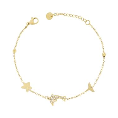 Bracciale Catena Forzatina Diamantata con Delfino e Crystal Bianco in ACCIAIO colore Oro<BR>