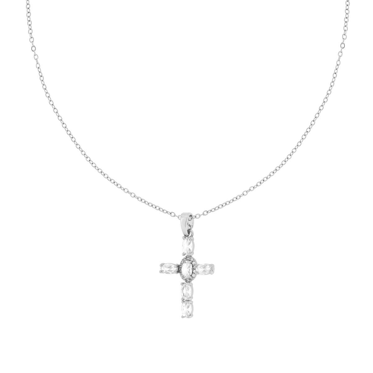 Collana Catena Forzatina Diamantata con Croce e Crystal Bianchi Ovali in ACCIAIO