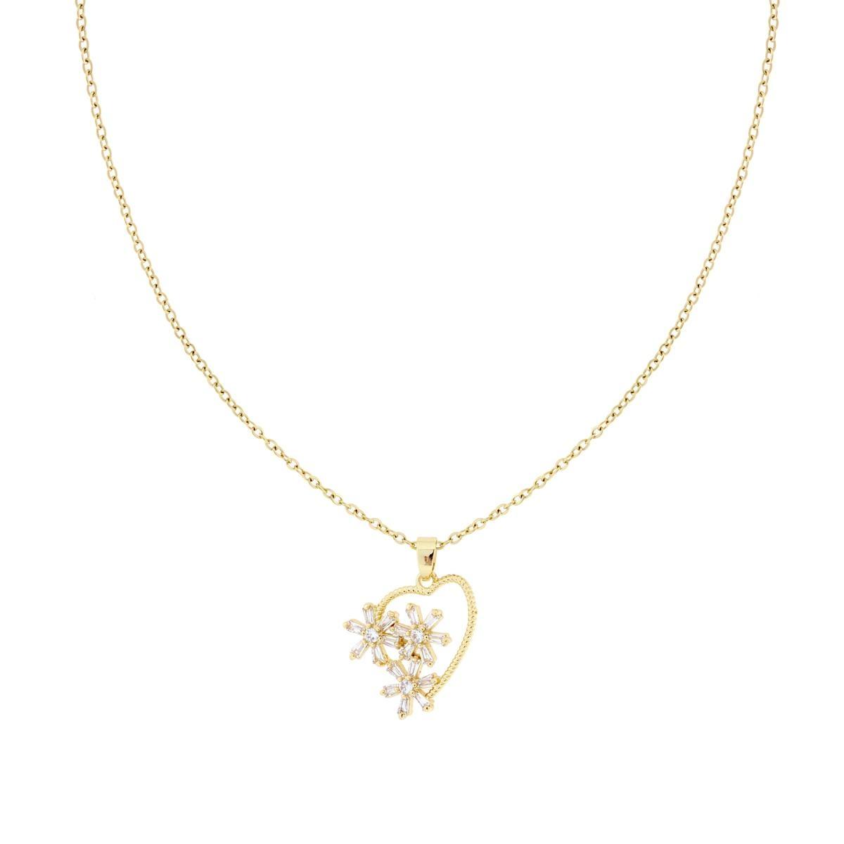Collana Catena Forzatina Diamantata con Cuore e Fiori con Crystal Bianchi in ACCIAIO colore Oro<BR>