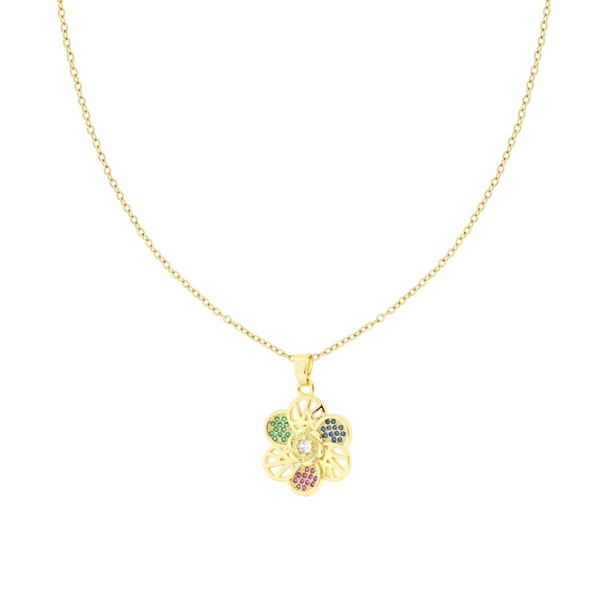 Collana Catena Forzatina Diamantata con Fiore e Crystal Multicolor in ACCIAIO colore Oro<BR>