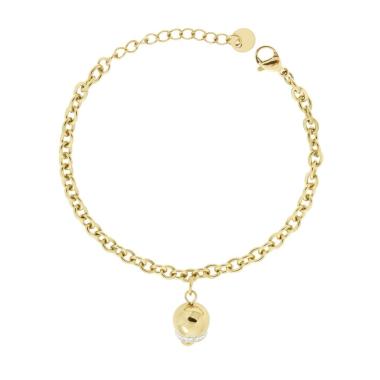 Bracciale Catena Forzatina con Campanella e Crystal Bianchi in ACCIAIO colore Oro<BR>