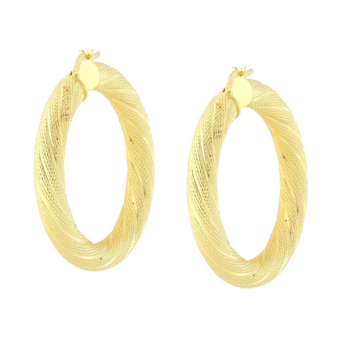 Orecchini a Cerchio Creola mm 34 con Canna Torchon Godronato mm 5 in ARGENTO 925 Galvanica Oro<BR>