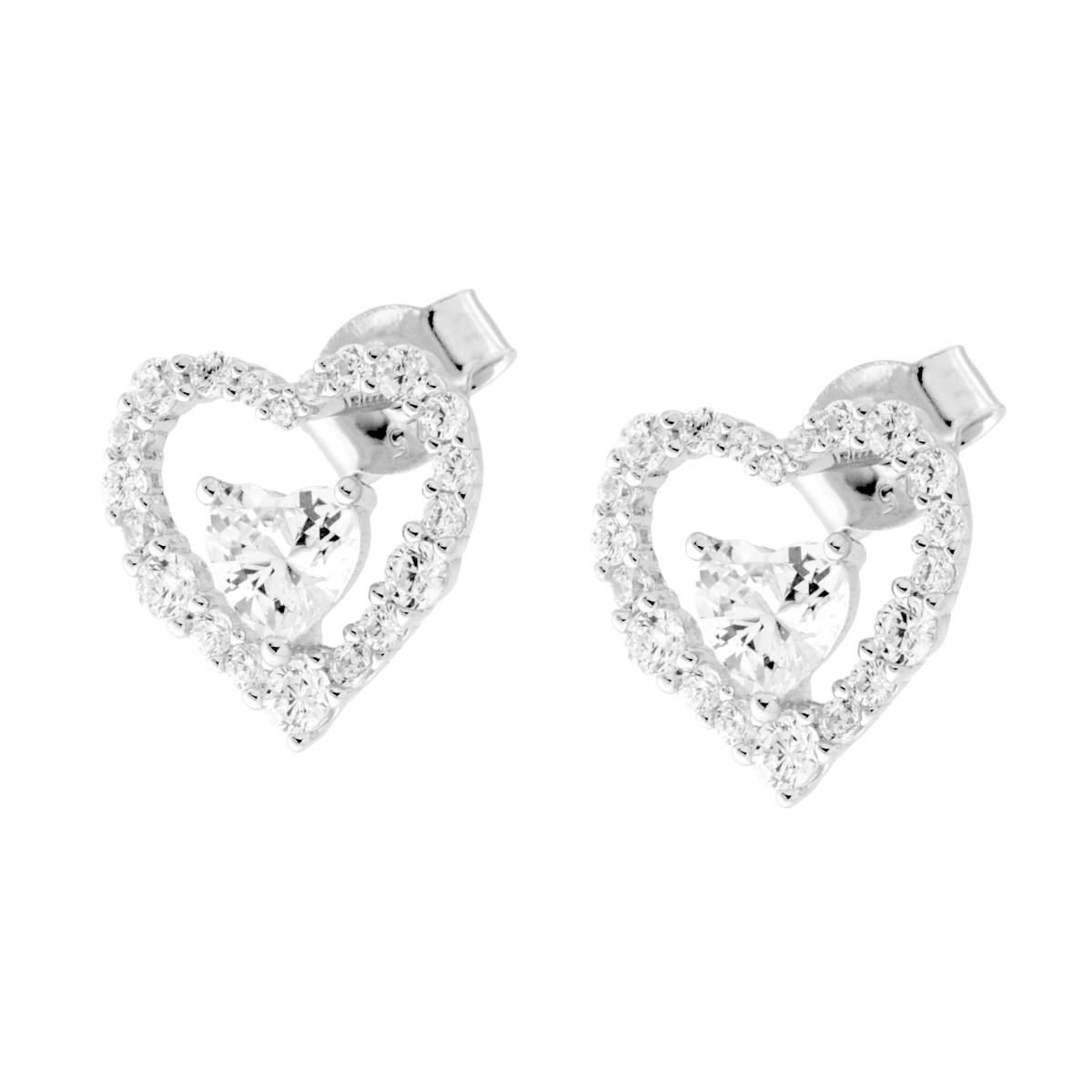 Orecchini Cuore con Punto Luce e Cubic Zirconia Bianchi in ARGENTO 925 Galvanica Rodio<BR>