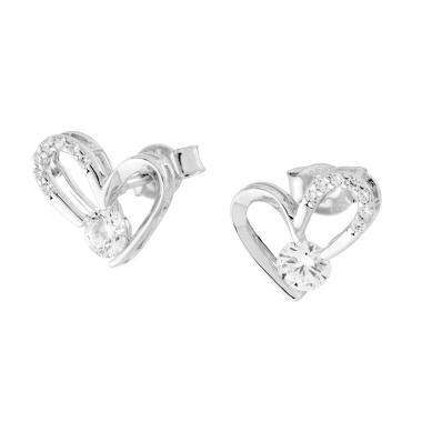 Orecchini Cuore con Punto Luce e Cubic Zirconia Bianchi in ARGENTO 925 Galvanica Rodio<BR>