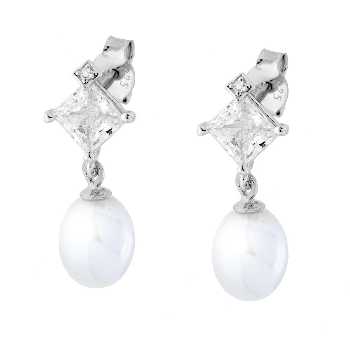 Orecchini Punto Luce Cubic Zirconia Quadrato Bianco con Perla Ovale pendente in ARGENTO 925 Galvanica Rodio<BR>