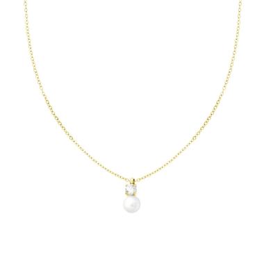 Collana Catena Forzatina Diamantata con Perla e Punto Luce Crystal Bianco in ACCIAIO colore Oro
