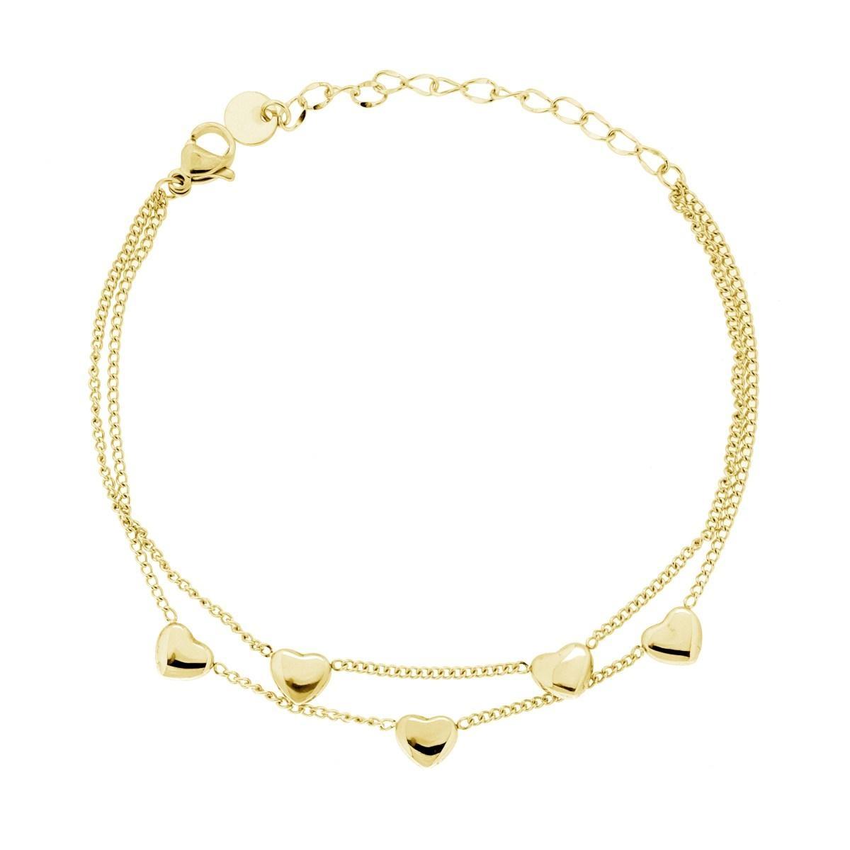 Bracciale due fili Catena Grumetta con Cuori Bombati in ACCIAIO colore Oro
