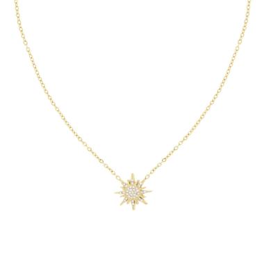 Collana Catena Forzatina Diamantata con Sole e Crystal Bianchi in ACCIAIO colore Oro