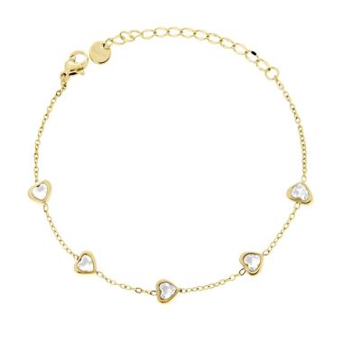 Bracciale Catena Forzatina Diamantata con Cuori e Crystal Bianchi in ACCIAIO colore Oro<BR>