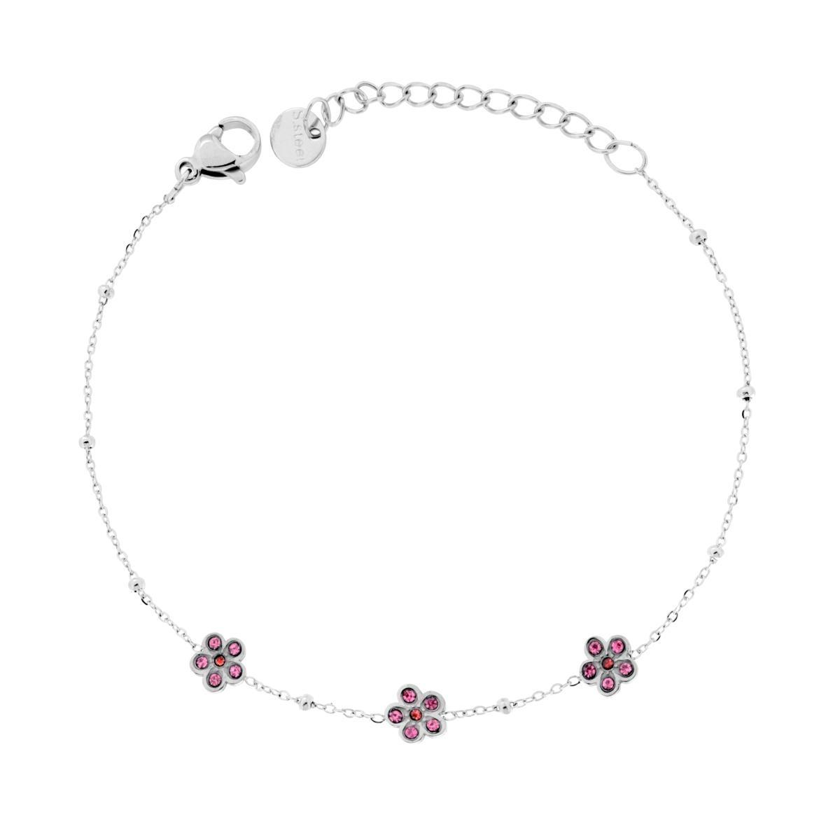 Bracciale Catena Forzatina Diamantata con Fiori e Crystal Rosa in ACCIAIO<BR>