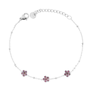 Bracciale Catena Forzatina Diamantata con Fiori e Crystal Rosa in ACCIAIO<BR>