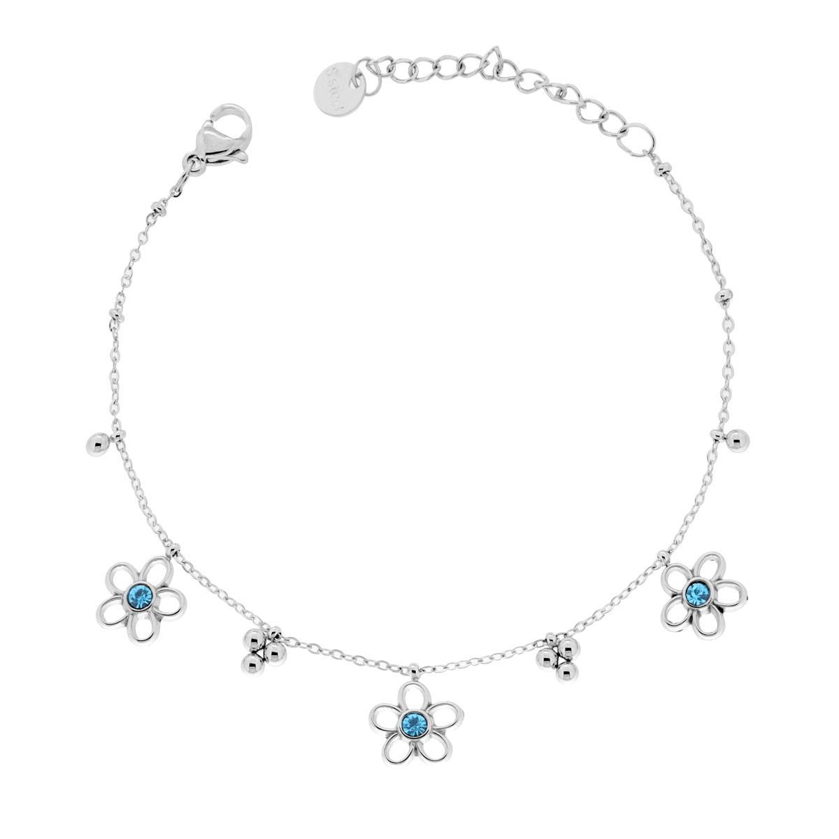 Bracciale Catena Forzatina Diamantata con Fiori e Crystal Azzurro in ACCIAIO<BR>