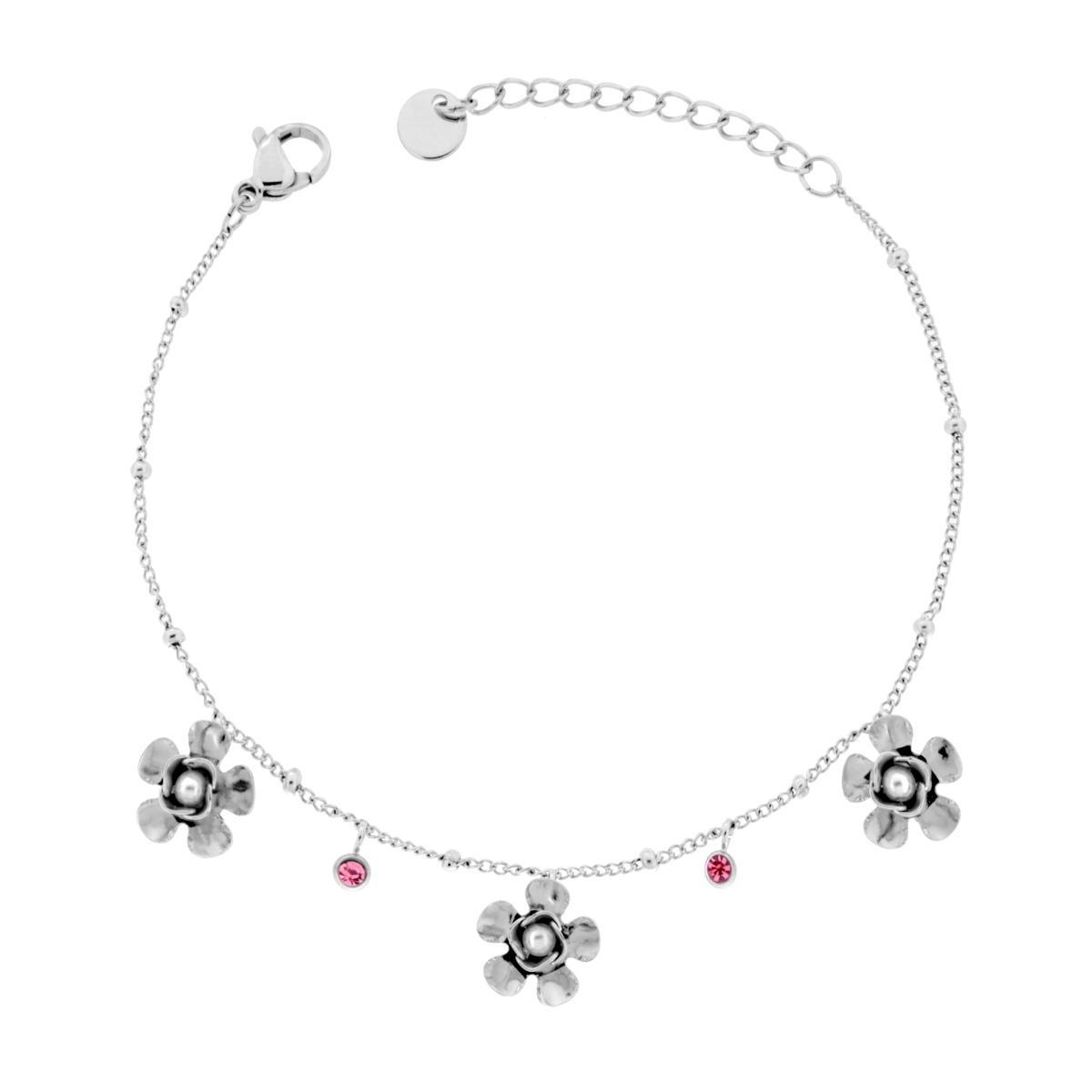 Bracciale Catena Grumetta con Fiori con Perle e Crystal Rosa in ACCIAIO<BR>