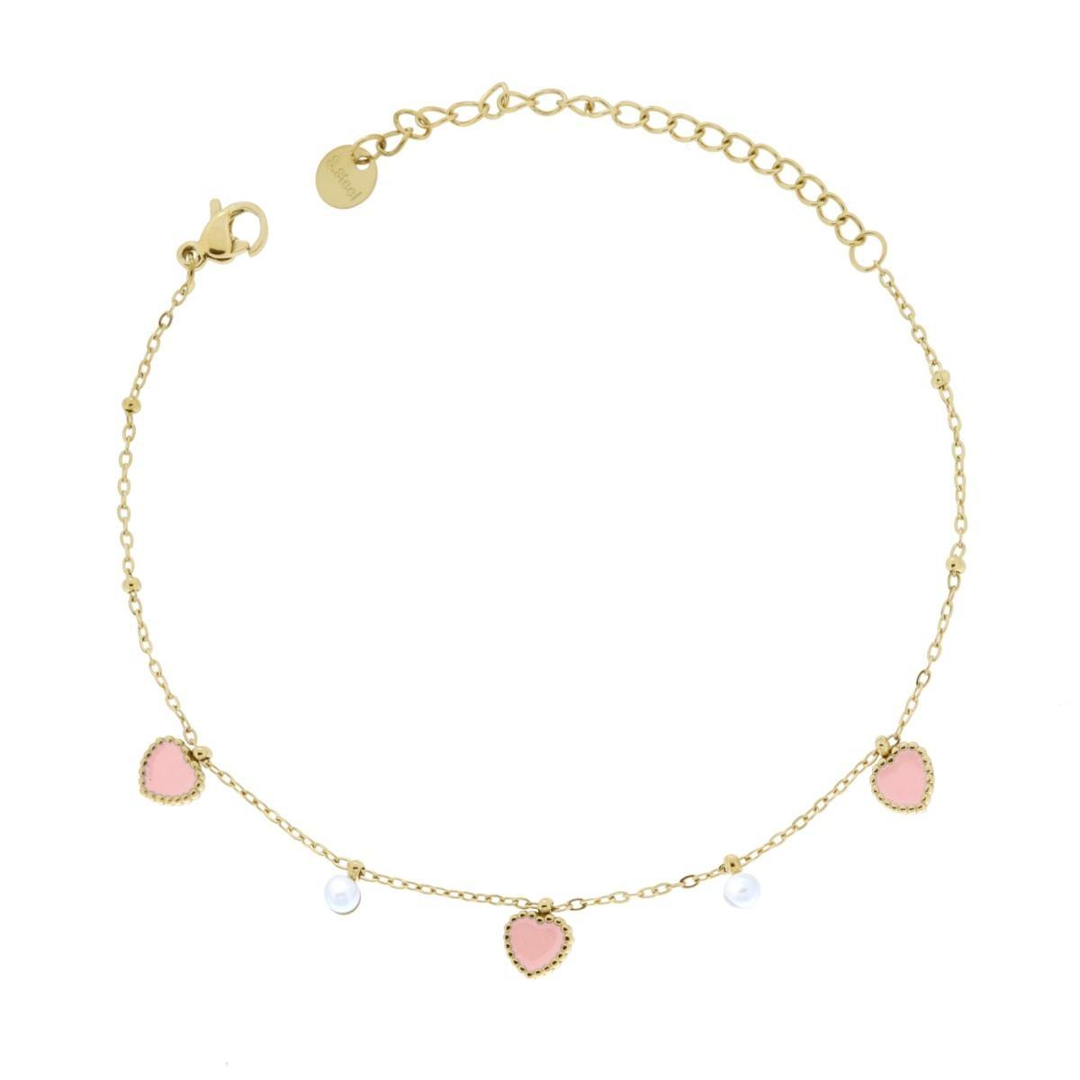 Bracciale Catena Forzatina Diamantata con Cuori Smalto Rosa e Perle in ACCIAIO colore Oro<BR>