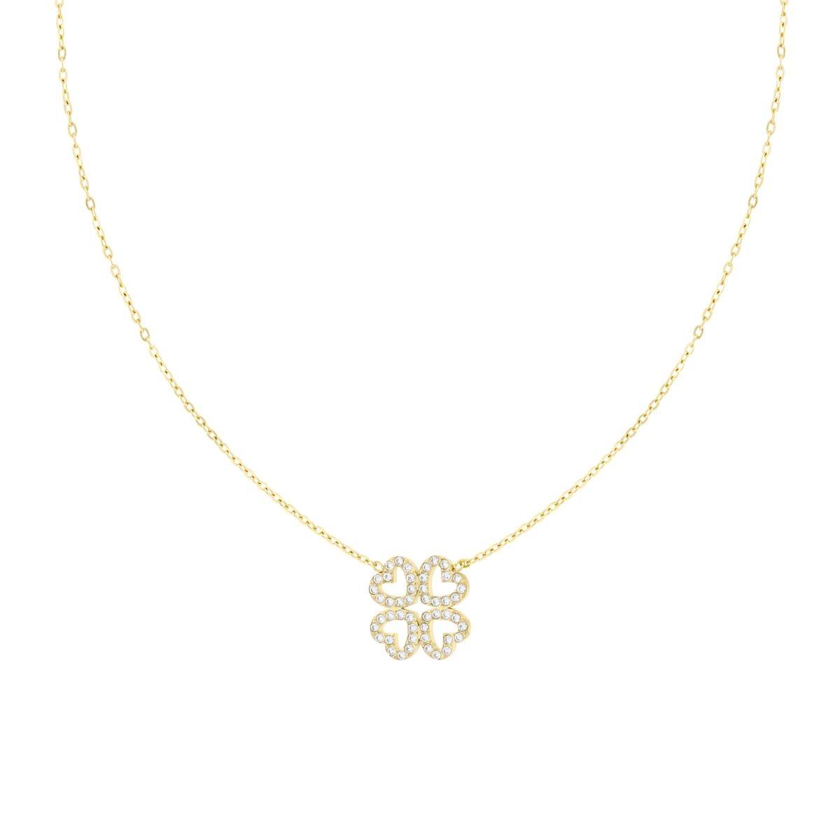 Collana Catena Forzatina Diamantata con Quadrifoglio Cuori e Crystal Bianchi n ACCIAIO colore Oro<BR>