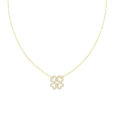 Collana Catena Forzatina Diamantata con Quadrifoglio Cuori e Crystal Bianchi n ACCIAIO colore Oro<BR>