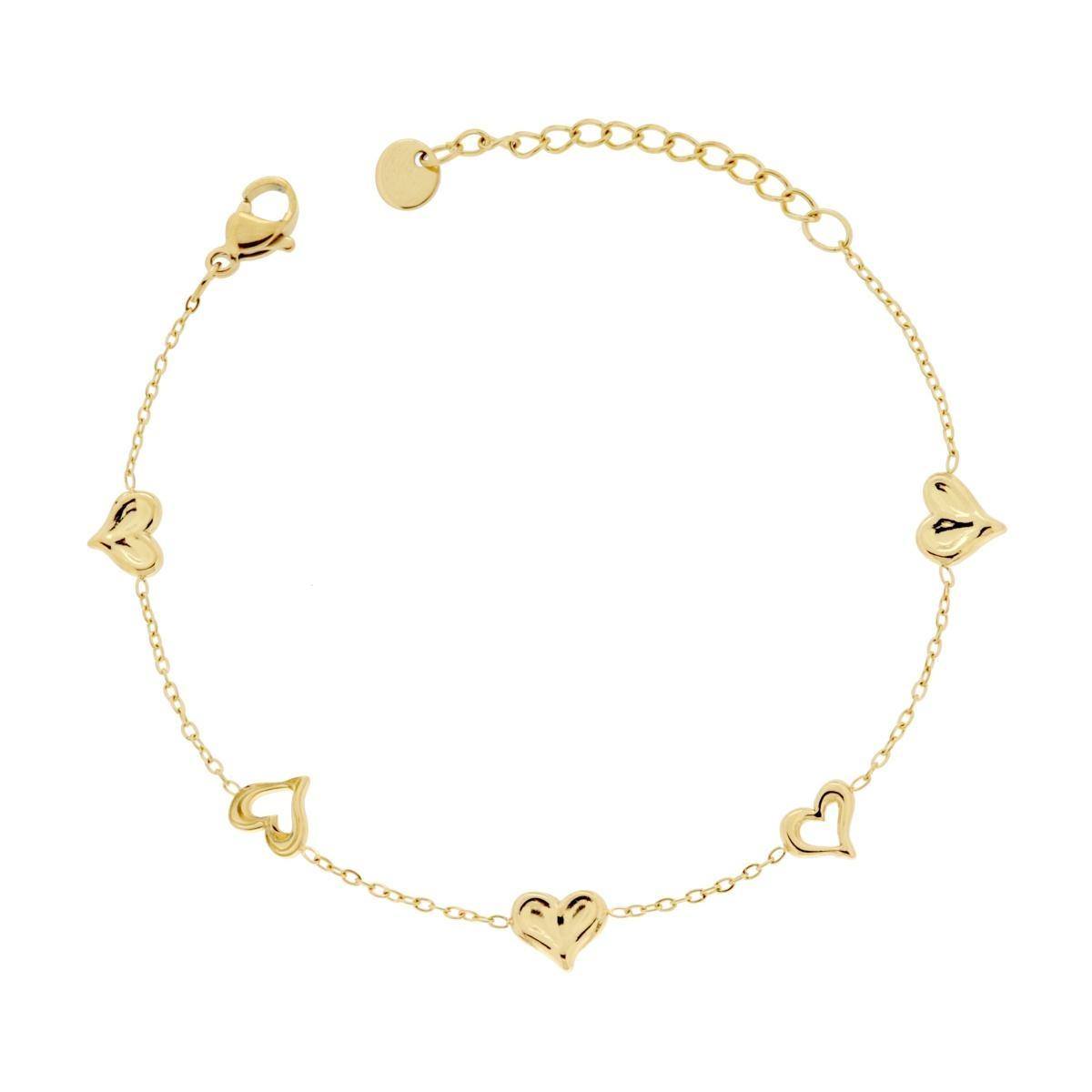 Bracciale Catena Forzatina Diamantata con Cuori in ACCIAIO colore Oro<BR>