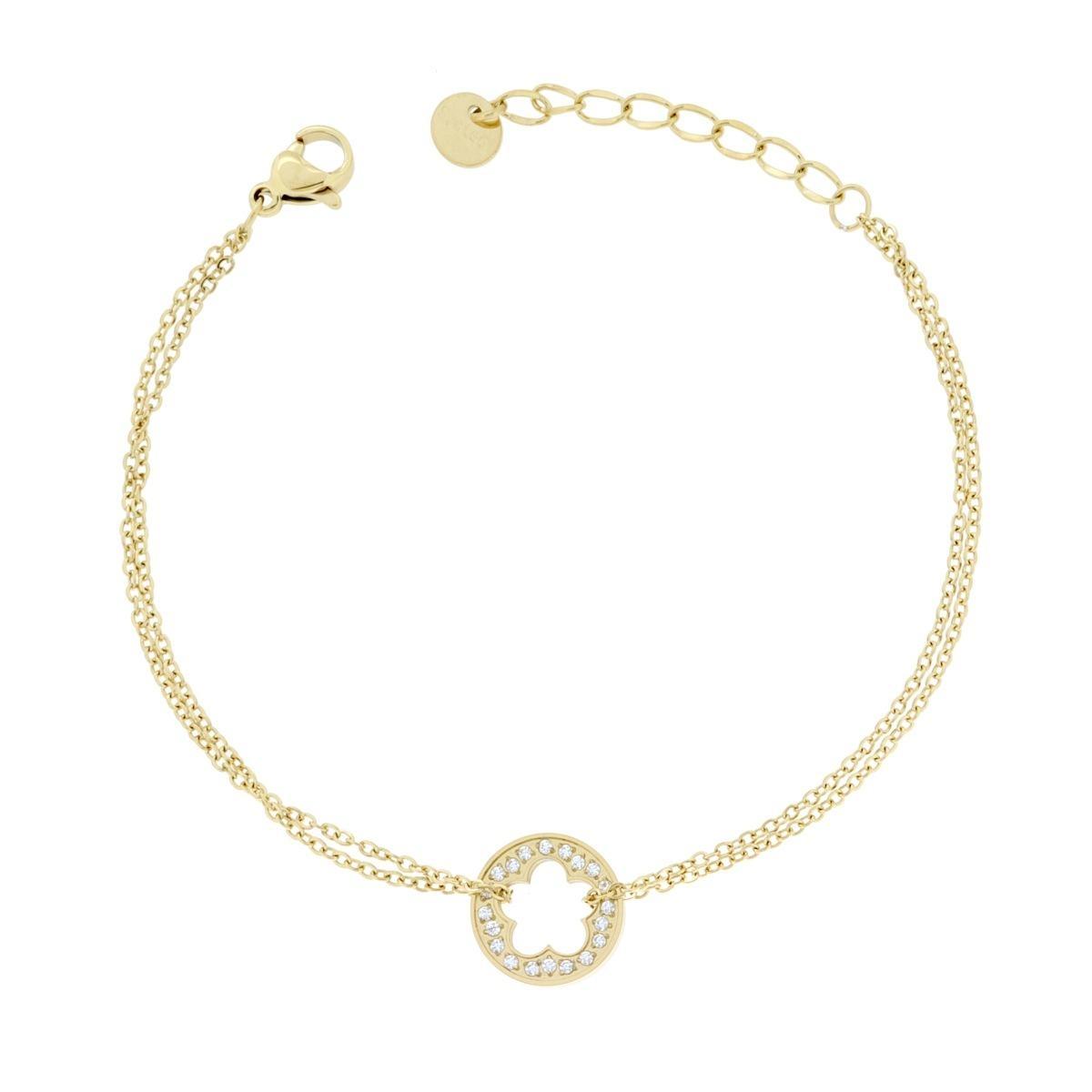 Bracciale due fili Catena Forzatina Diamantata con Tondo con Fiore e Crystal Bianchi in ACCIAIO colore Oro<BR>
