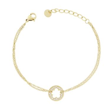 Bracciale due fili Catena Forzatina Diamantata con Tondo con Fiore e Crystal Bianchi in ACCIAIO colore Oro<BR>