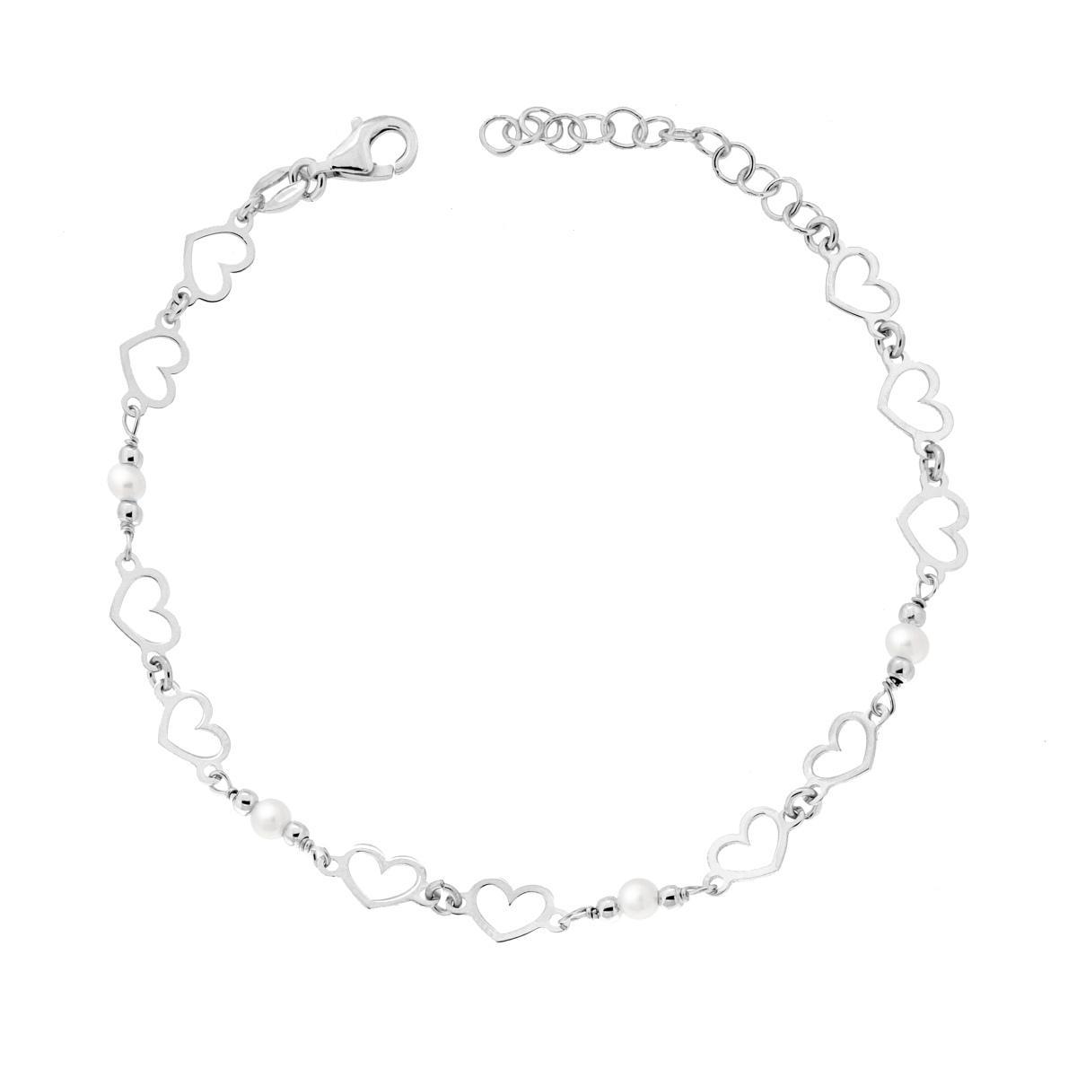 Bracciale Catena di Cuori e Perle in ARGENTO 925 Galvanica Rodio<BR>