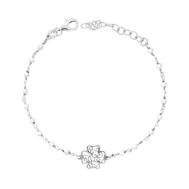 Bracciale Catena con Perle e Quadrifoglio Traforato in ARGENTO 925 Galvanica Rodio