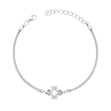Bracciale Catena Calza con Quadrifoglio Diamantato in ARGENTO 925 Galvanica Rodio