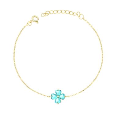 Bracciale Catena Forzatina Diamantata con Quadrifoglio Cubic Zirconia Acquamarina Verde in ARGENTO 925 Galvanica Oro