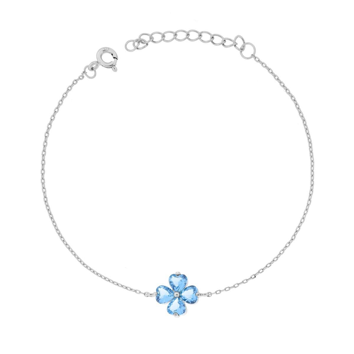 Bracciale Catena Forzatina Diamantata con Quadrifoglio Cubic Zirconia Acquamarina in ARGENTO 925 Galvanica Rodio