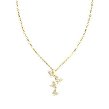 Collana Catena Forzatina Diamantata con Farfalle e Cubic Zirconia Bianchi in ACCIAIO e OTTONE colore Oro