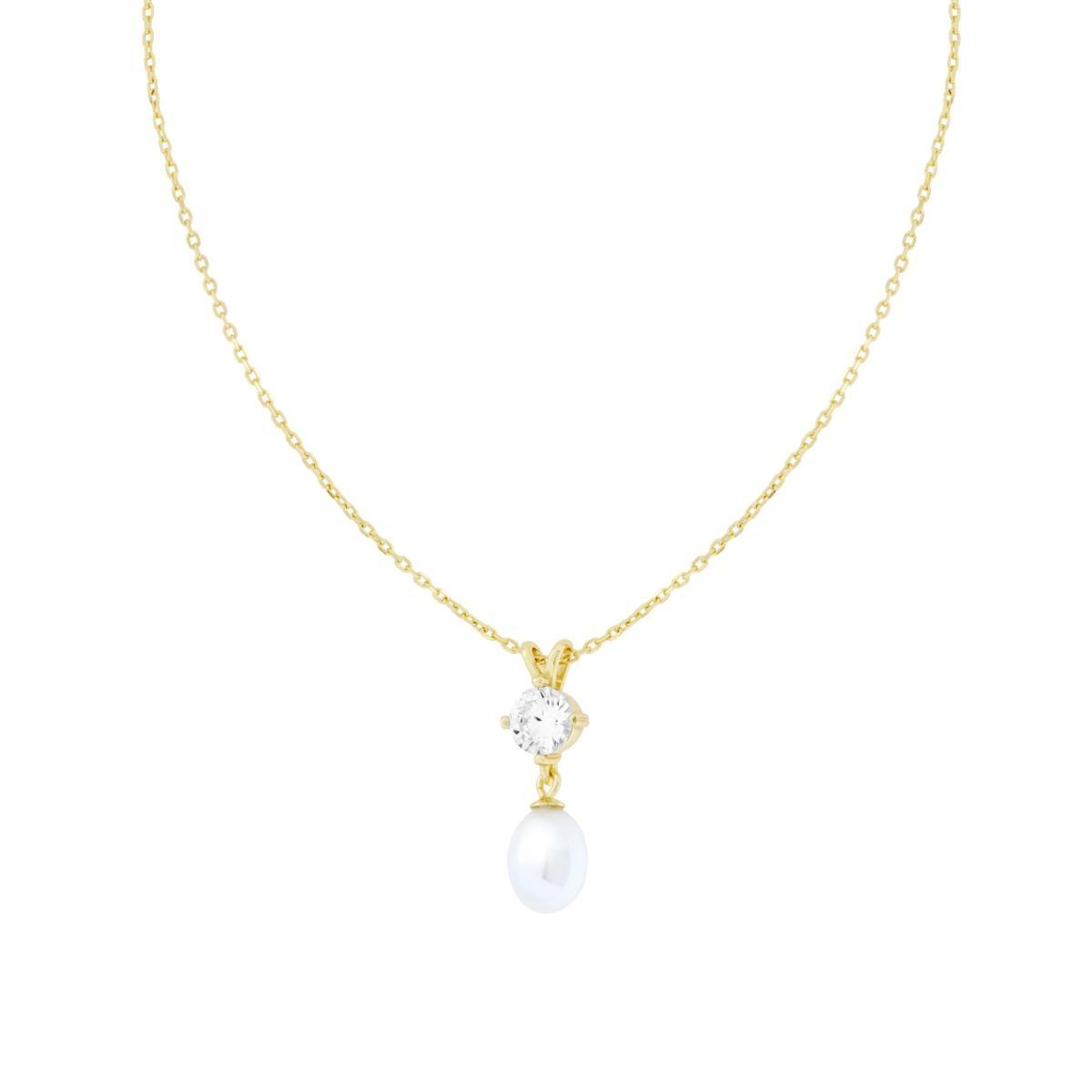 Collana Catena Forzatina Diamantata con Punto Luce Cubic Zirconia Bianco e Perla pendente in ARGENTO 925 Galvanica Oro