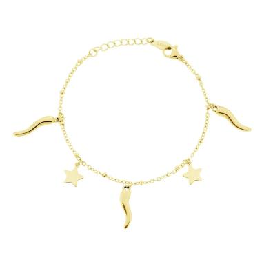 Bracciale Catena Forzatina con Stelle plain e Corni portafortuna in ACCIAIO