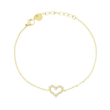Bracciale Catena Forzatina con Cuore e Crystal Bianchi in ACCIAIO colore Oro