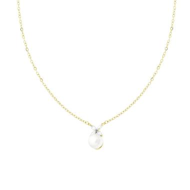 Collana Catena Forzatina Diamantata con Perla e Fiore con Crystal Bianchi in ACCIAIO colore Oro