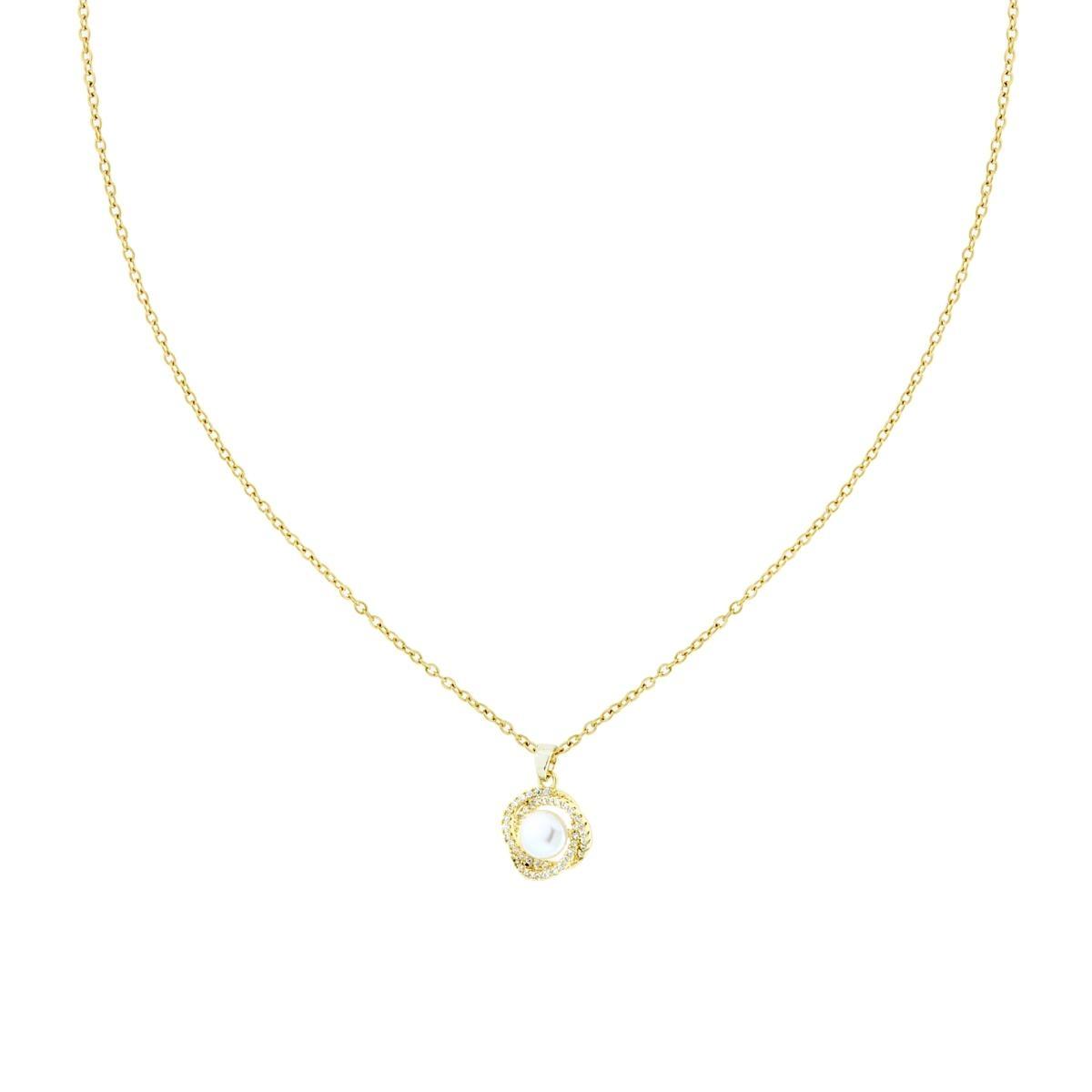 Collana Catena Forzatina Diamantata con Perla contornata da Crystal Bianchi in ACCIAIO<BR>