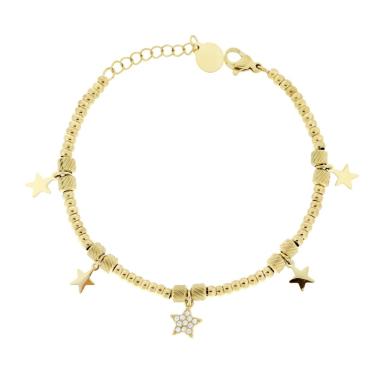Bracciale Catena Palline Cilindretti Diamantati con Stelle plain e con Crystal Bianchi pendenti in ACCIAIO colore Oro<BR>