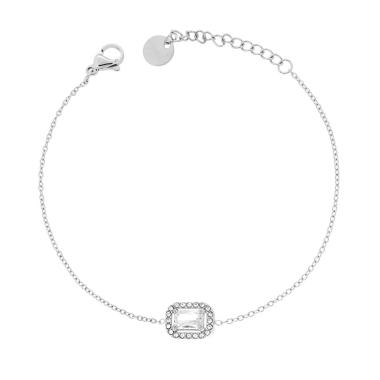 Bracciale Catena Forzatina Diamantata con Rettangolo Baguette e Crystal Bianchi in ACCIAIO<BR>