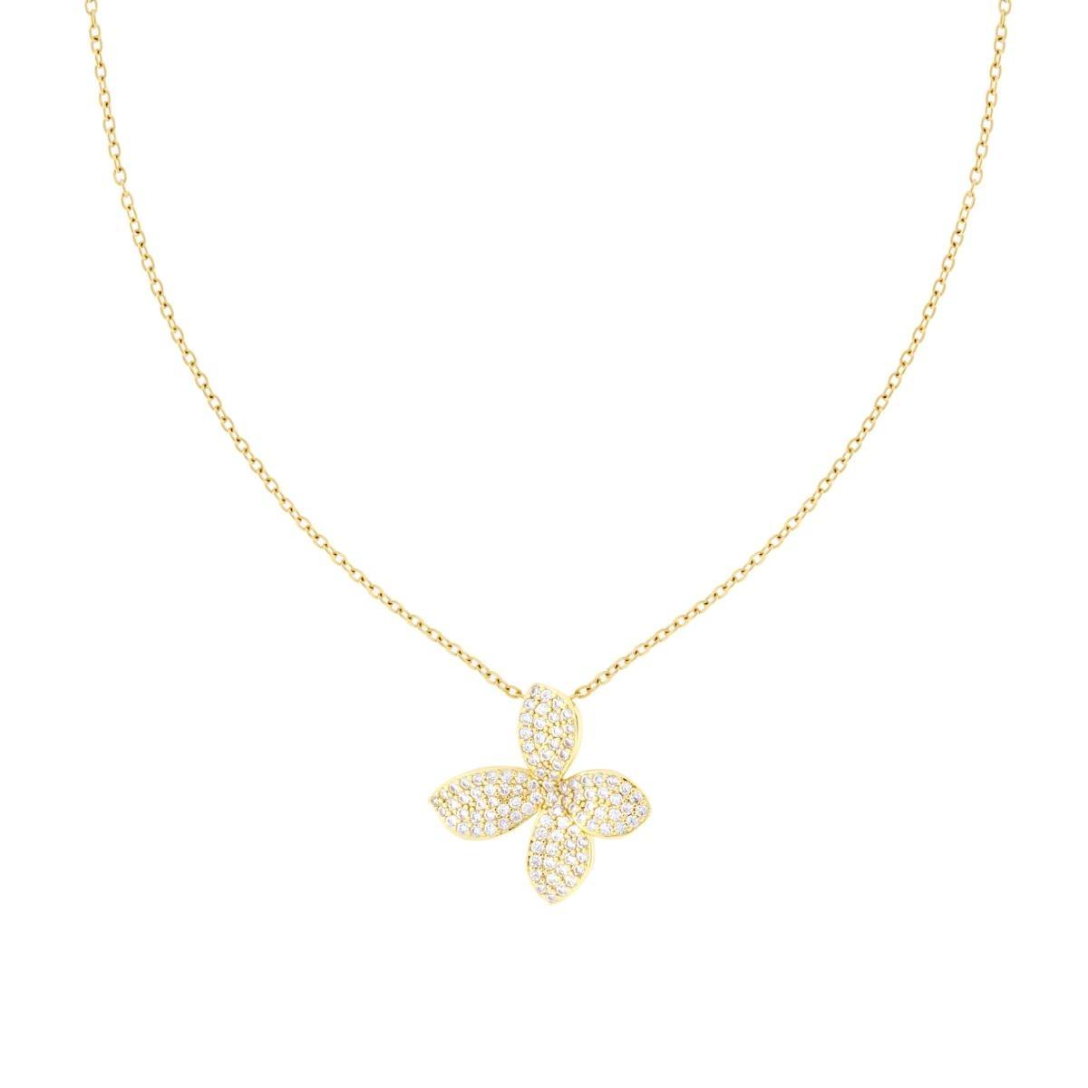 Collana Catena Forzatina Diamantata con Fiore e Crystal Bianchi in ACCIAIO colore Oro