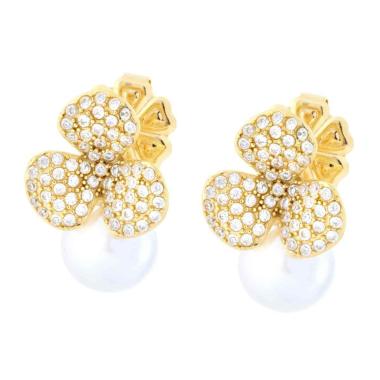 Orecchini Fiore Trifoglio con Perla e Crystal Bianchi in ACCIAIO colore Oro