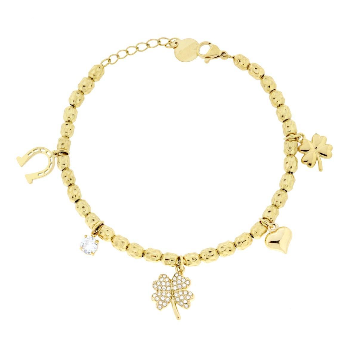 Bracciale Catena Ovali Martellati con Quadrifogli Cuore Charms Portafortuna e Crystal Bianchi in ACCIAIO colore Oro<BR>