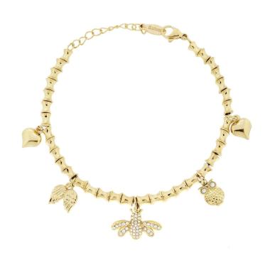 Bracciale Catena Cilindretti con Ape Charms Animali e Crystal Bianchi in ACCIAIO colore Oro
