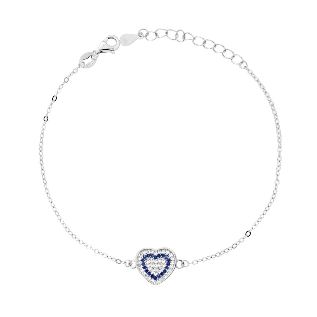 Bracciale Catena Forzatina Diamantata con Cuore e Cubic Zirconia Blu Zaffiro Bianchi in ARGENTO 925 Galvanica Rodio<BR>