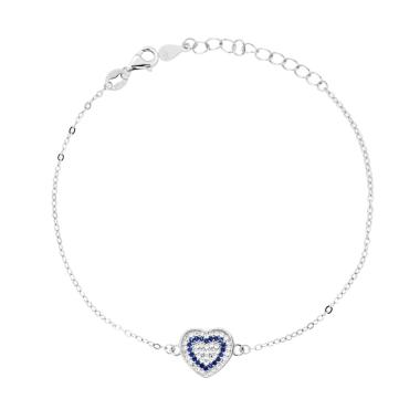 Bracciale Catena Forzatina Diamantata con Cuore e Cubic Zirconia Blu Zaffiro Bianchi in ARGENTO 925 Galvanica Rodio<BR>