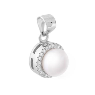 Ciondolo Tondo con Perla di fiume e Zirconi Bianchi in ARGENTO 925 Galvanica Rodio