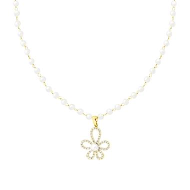 Collana Catena con Perle e Fiore Crystal Bianchi in ACCIAIO colore Oro