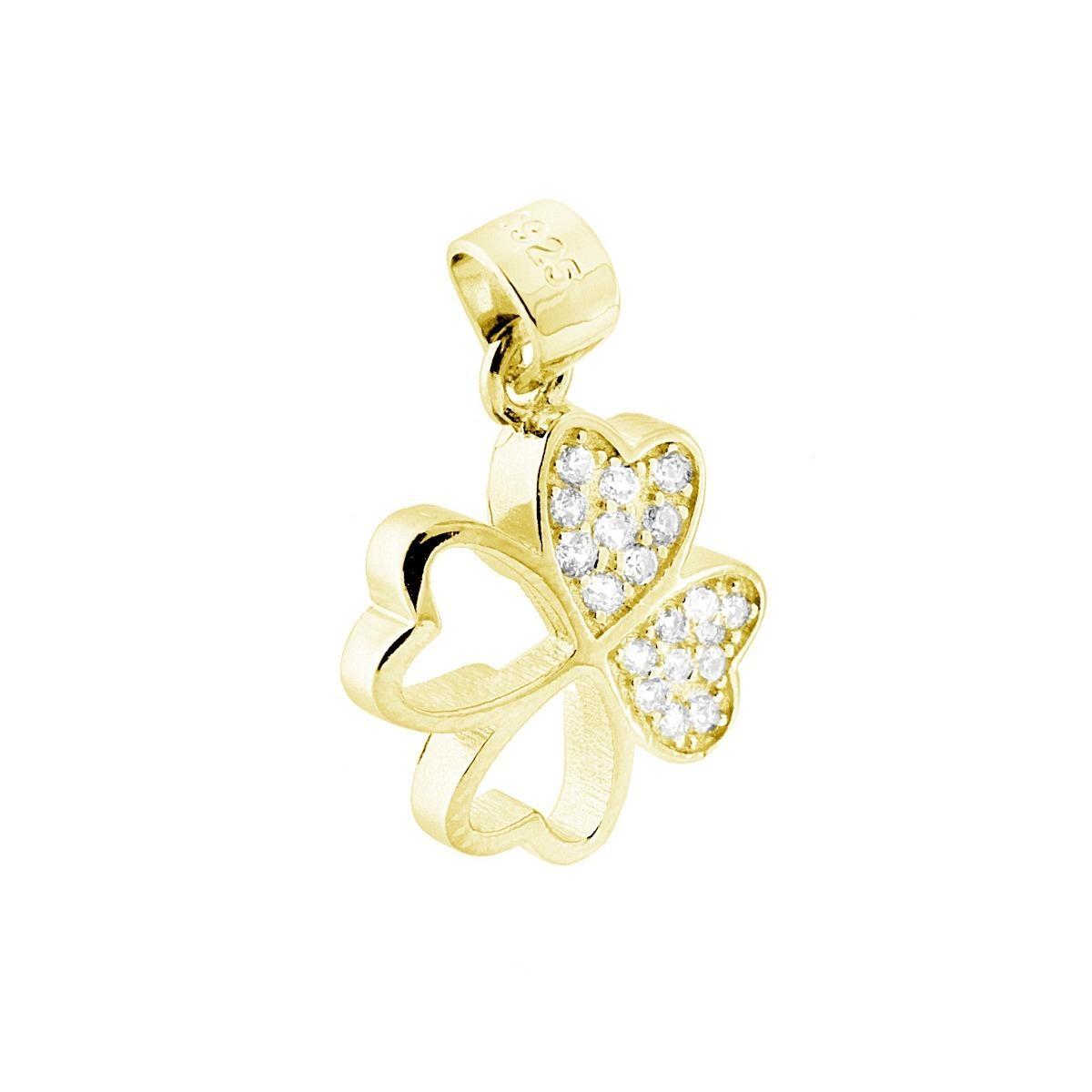 Ciondolo Quadrifoglio Cuore con Zirconi Bianchi in ARGENTO 925 Galvanica Oro