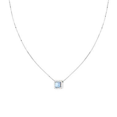 Collana Catena Veneziana Diamantata con Quadrato Carre Acquamarina contornato da Cubic Zirconia Bianchi in ARGENTO 925 Galvanica Rodio<BR>